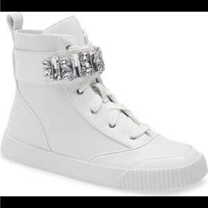 Karl Lagerfeld Paris Womens Jeren Sneaker Bright White with crystal strap